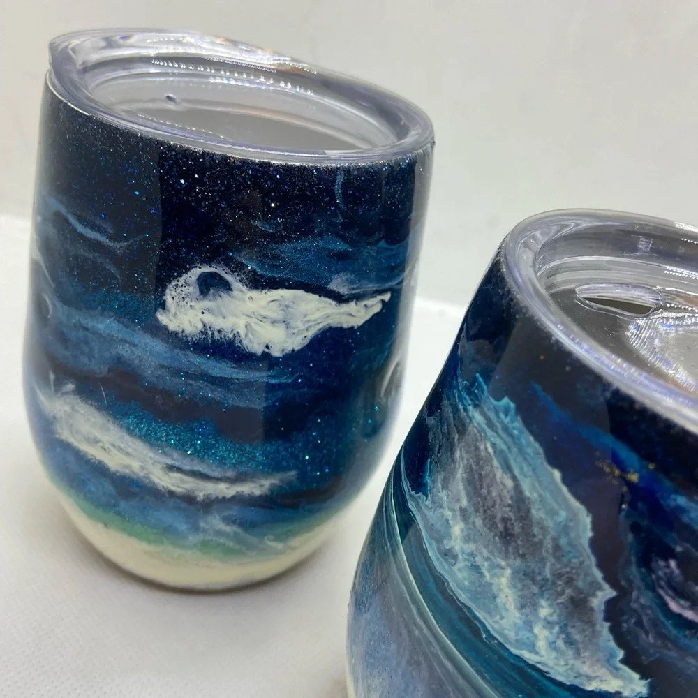 3 handcrafted epoxy dipped wine tumblers
